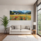Lebendige Landschaft Blumen Rot Gelb Berge Häuser Weisses Haus Sonniger Tag