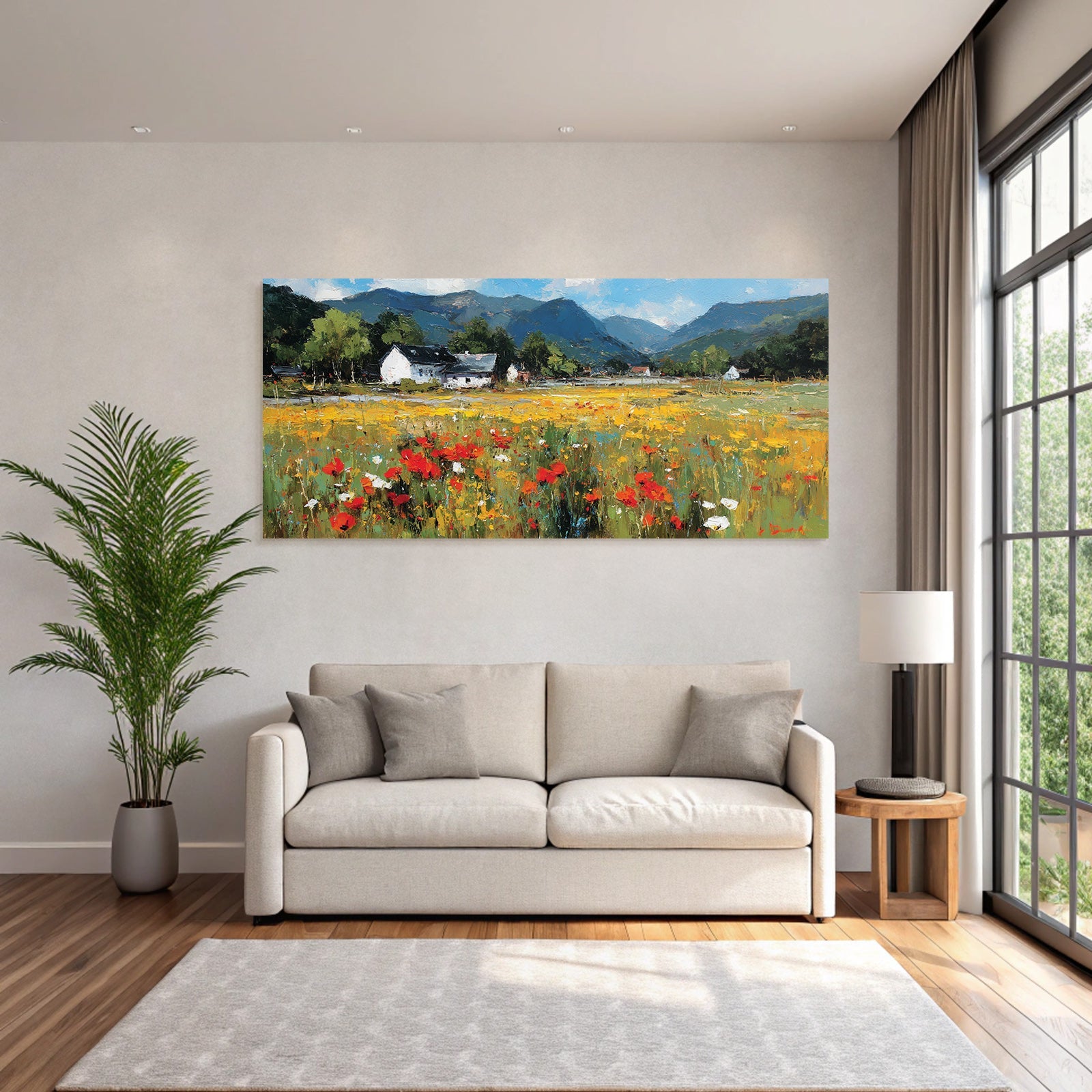 Lebendige Landschaft Blumen Rot Gelb Berge Häuser Weisses Haus Sonniger Tag