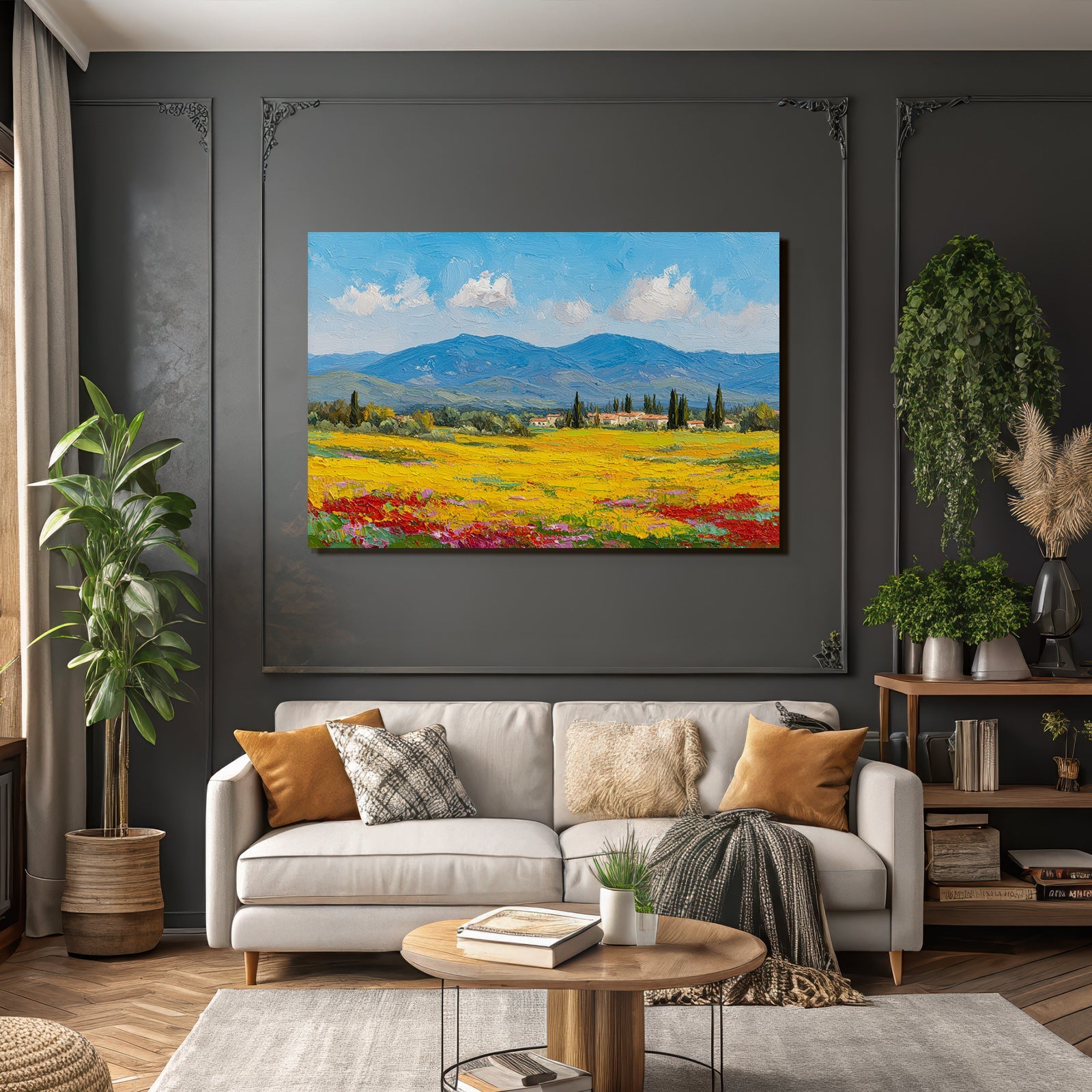 Lebendige Landschaft Mit Wilden Blumen Und Hügeln Mit Blaüm Himmel