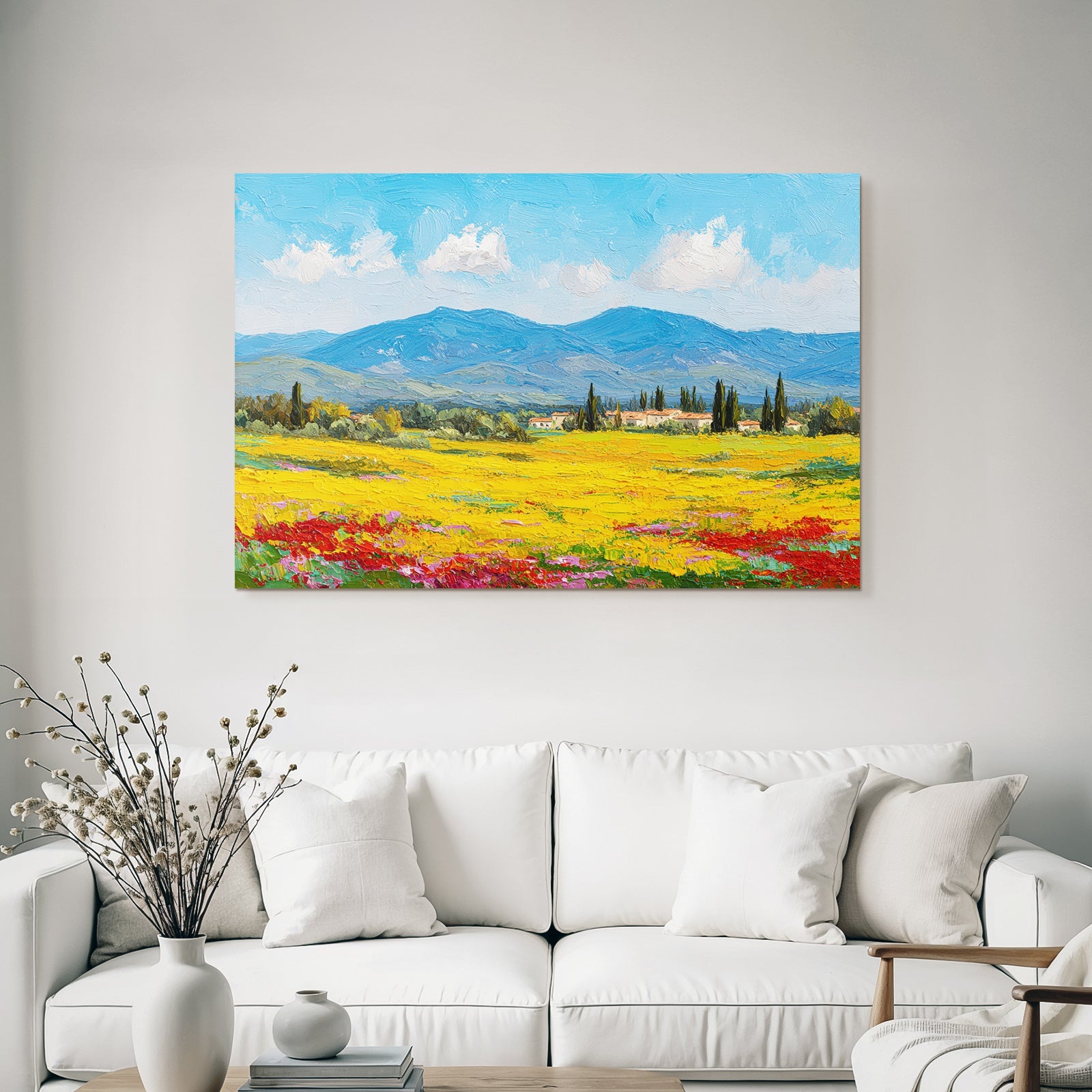 Lebendige Landschaft Mit Wilden Blumen Und Hügeln Mit Blaüm Himmel