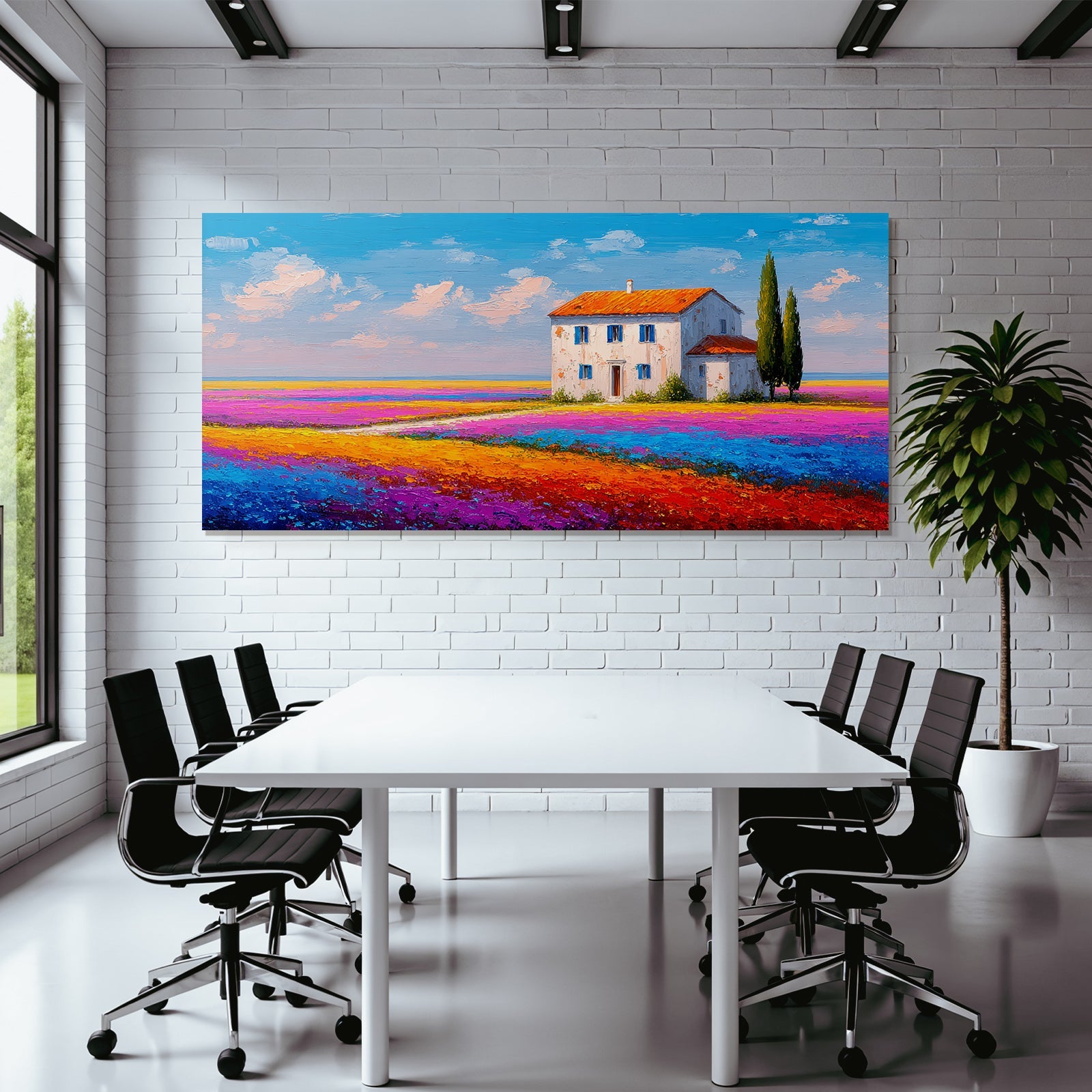 Lebendige Landschaft Weisses Haus Rotes Dach Blumenfeld Impressionistisch