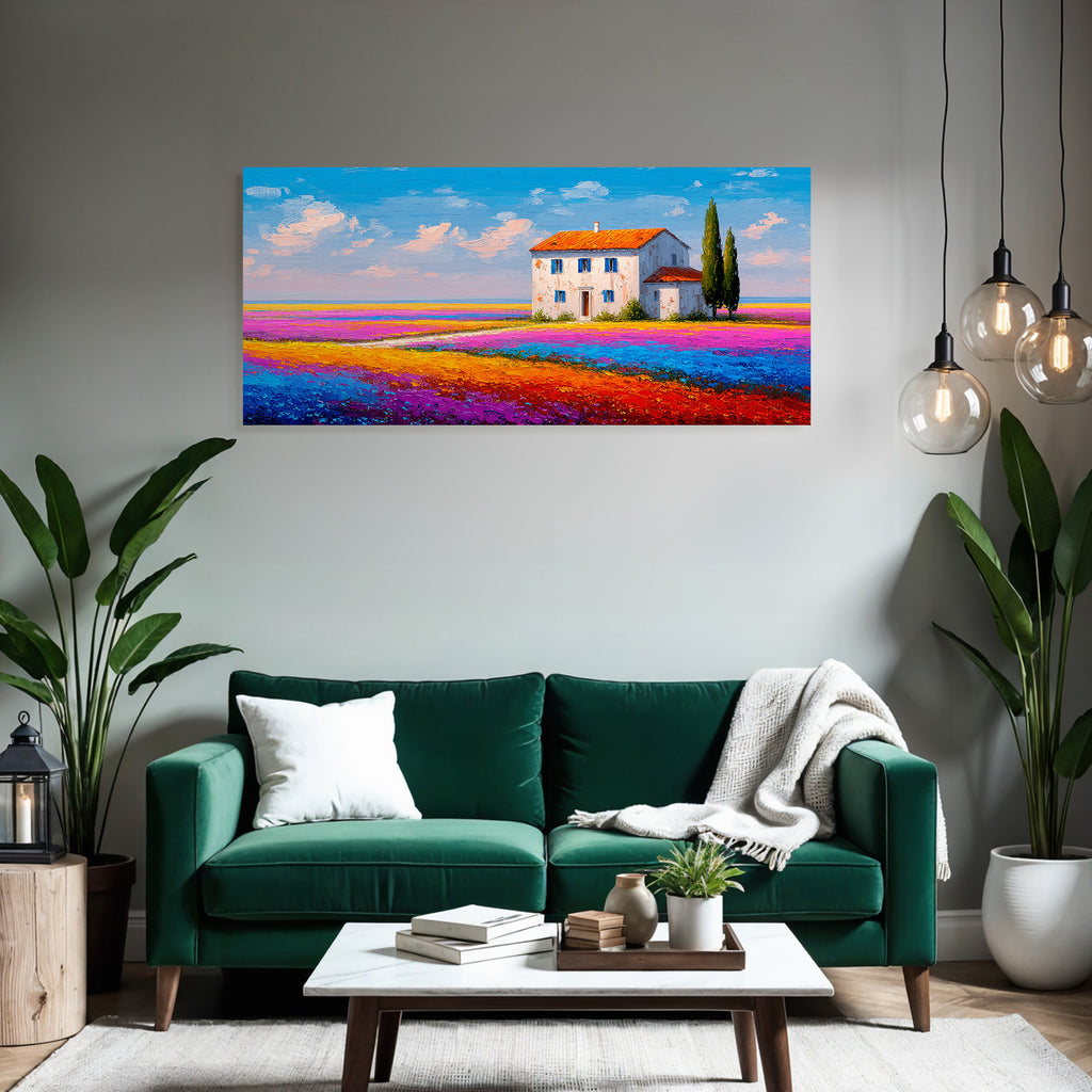 Lebendige Landschaft Weisses Haus Rotes Dach Blumenfeld Impressionistisch
