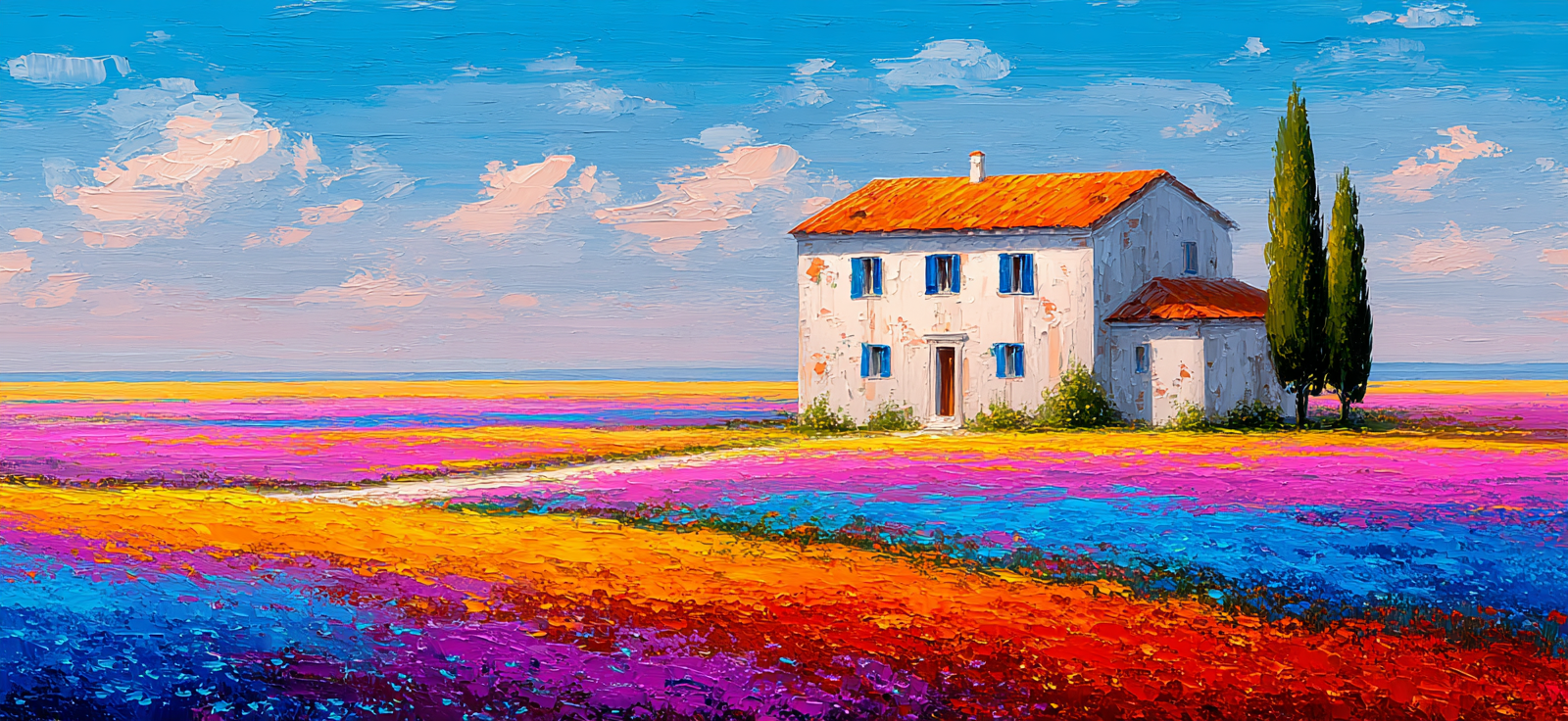 Lebendige Landschaft Weisses Haus Rotes Dach Blumenfeld Impressionistisch | Sommer | Jahreszeiten