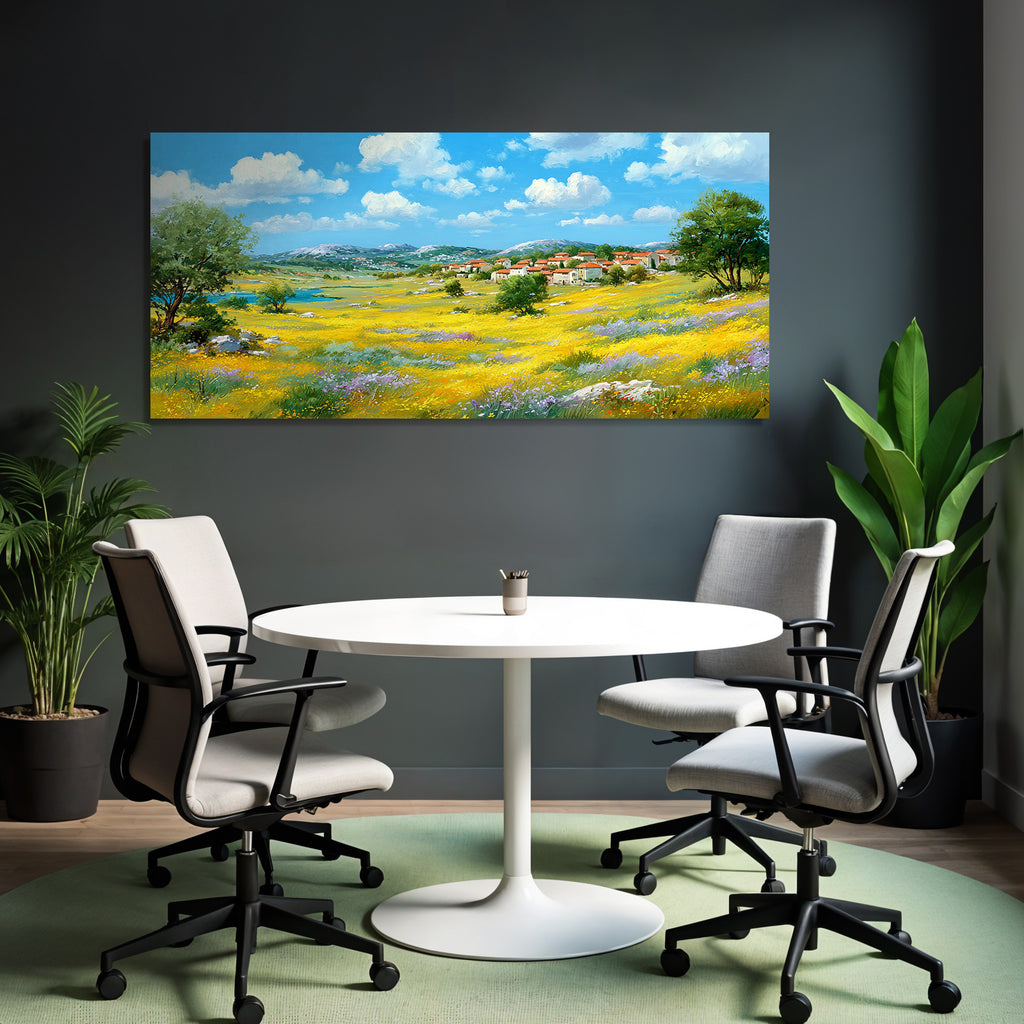Lebendige Landschaft Wiese Mit Wildblumen Dorf Himmel Wasser
