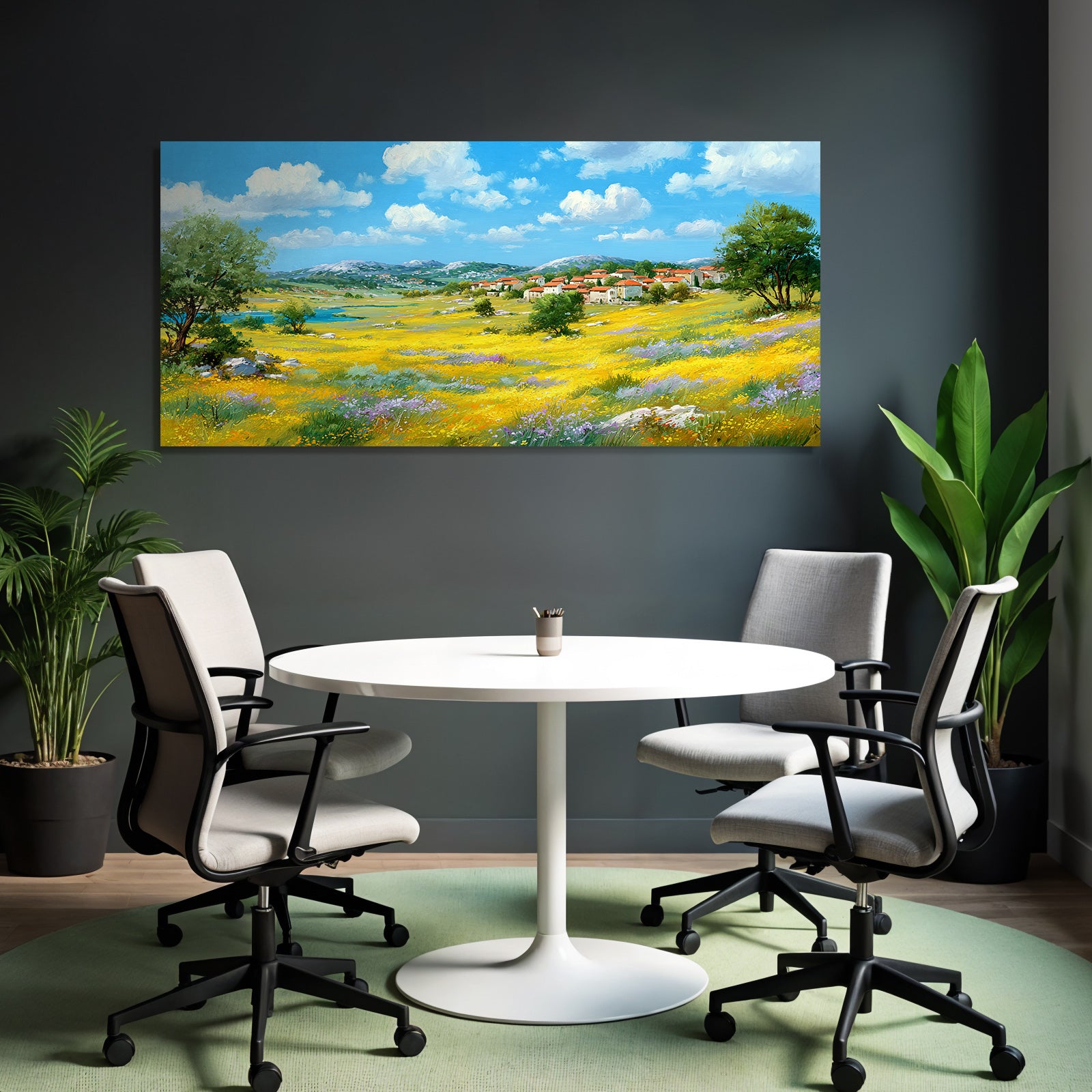 Lebendige Landschaft Wiese Mit Wildblumen Dorf Himmel Wasser