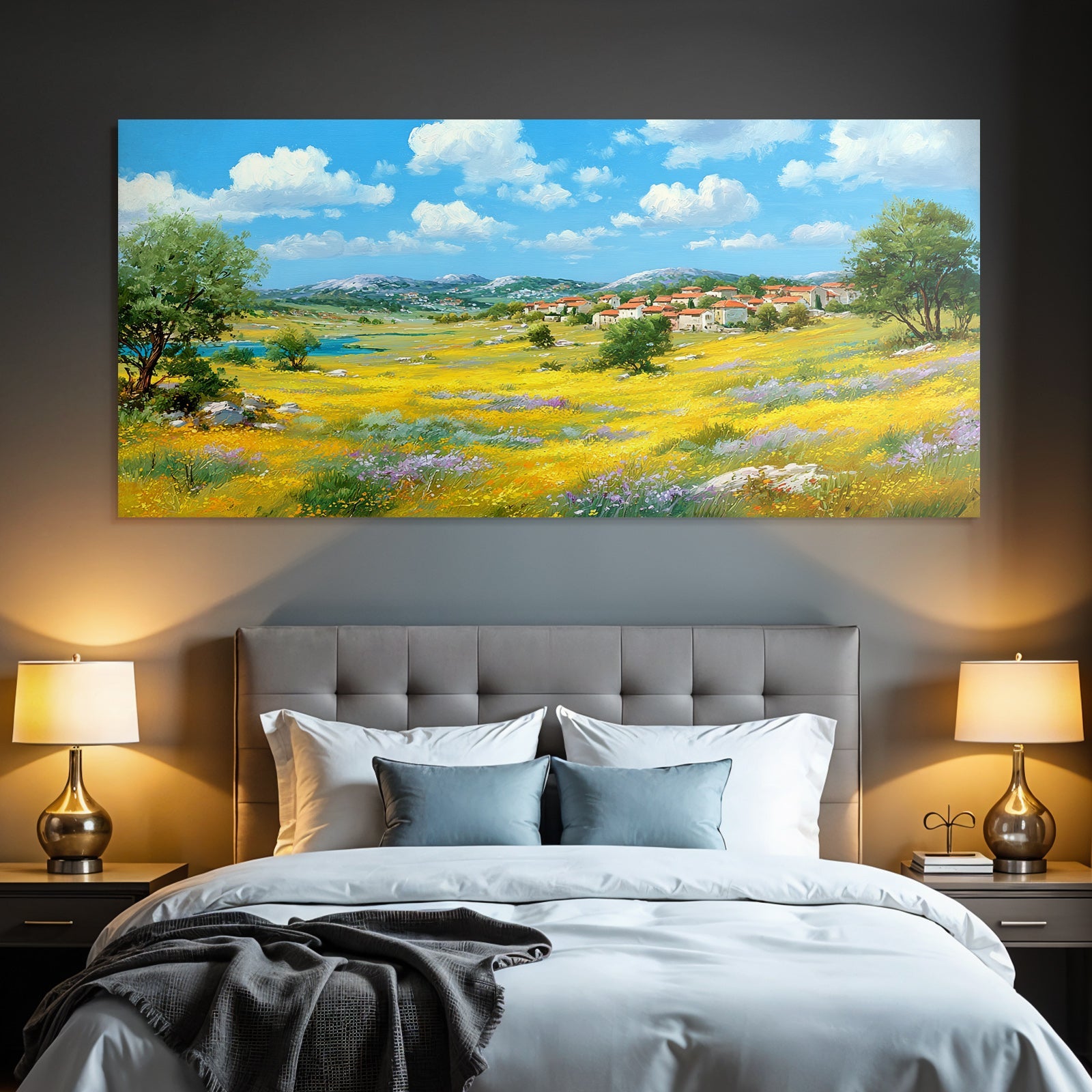 Lebendige Landschaft Wiese Mit Wildblumen Dorf Himmel Wasser