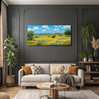 Lebendige Landschaft Wiese Mit Wildblumen Dorf Himmel Wasser