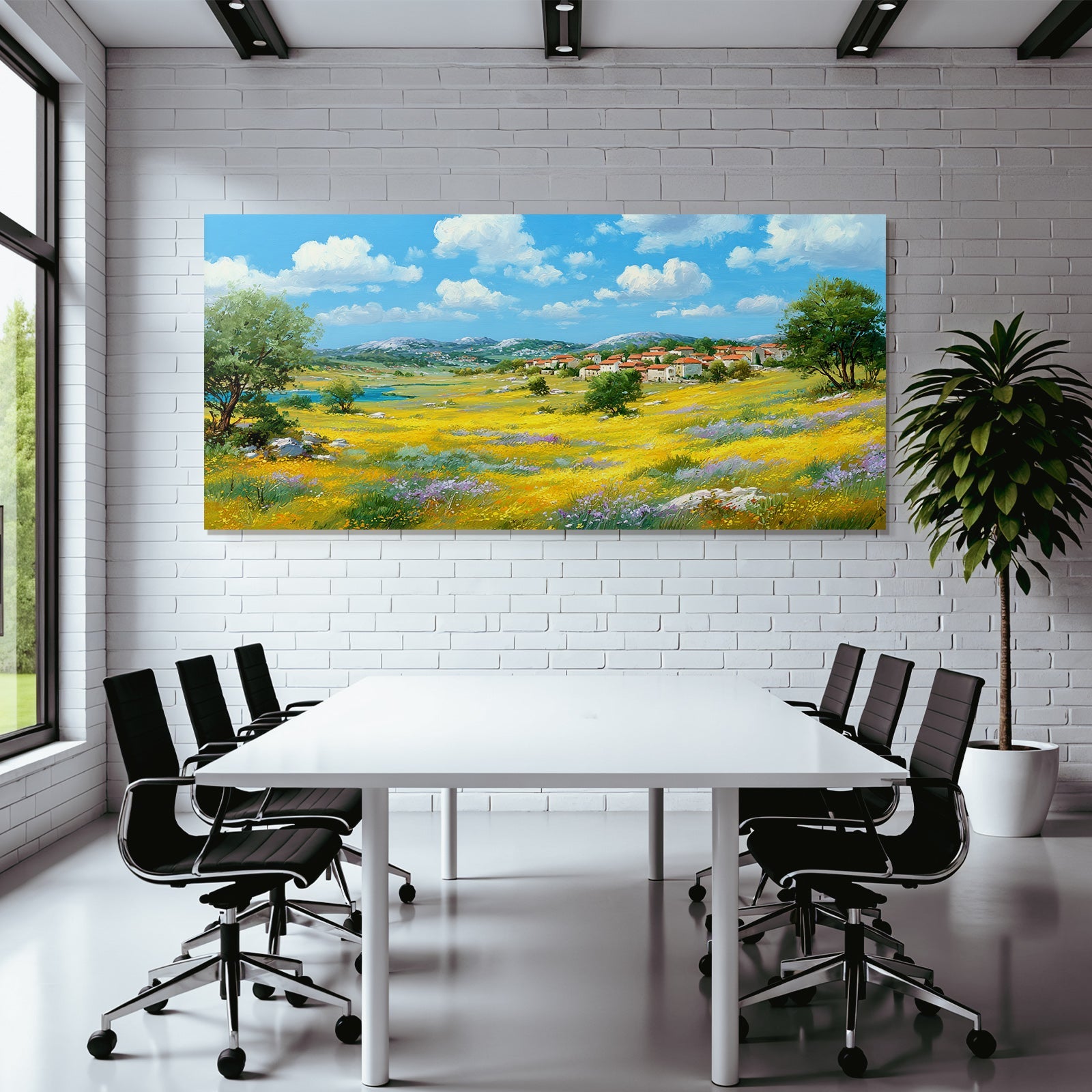 Lebendige Landschaft Wiese Mit Wildblumen Dorf Himmel Wasser