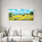 Lebendige Landschaft Wiese Mit Wildblumen Dorf Himmel Wasser
