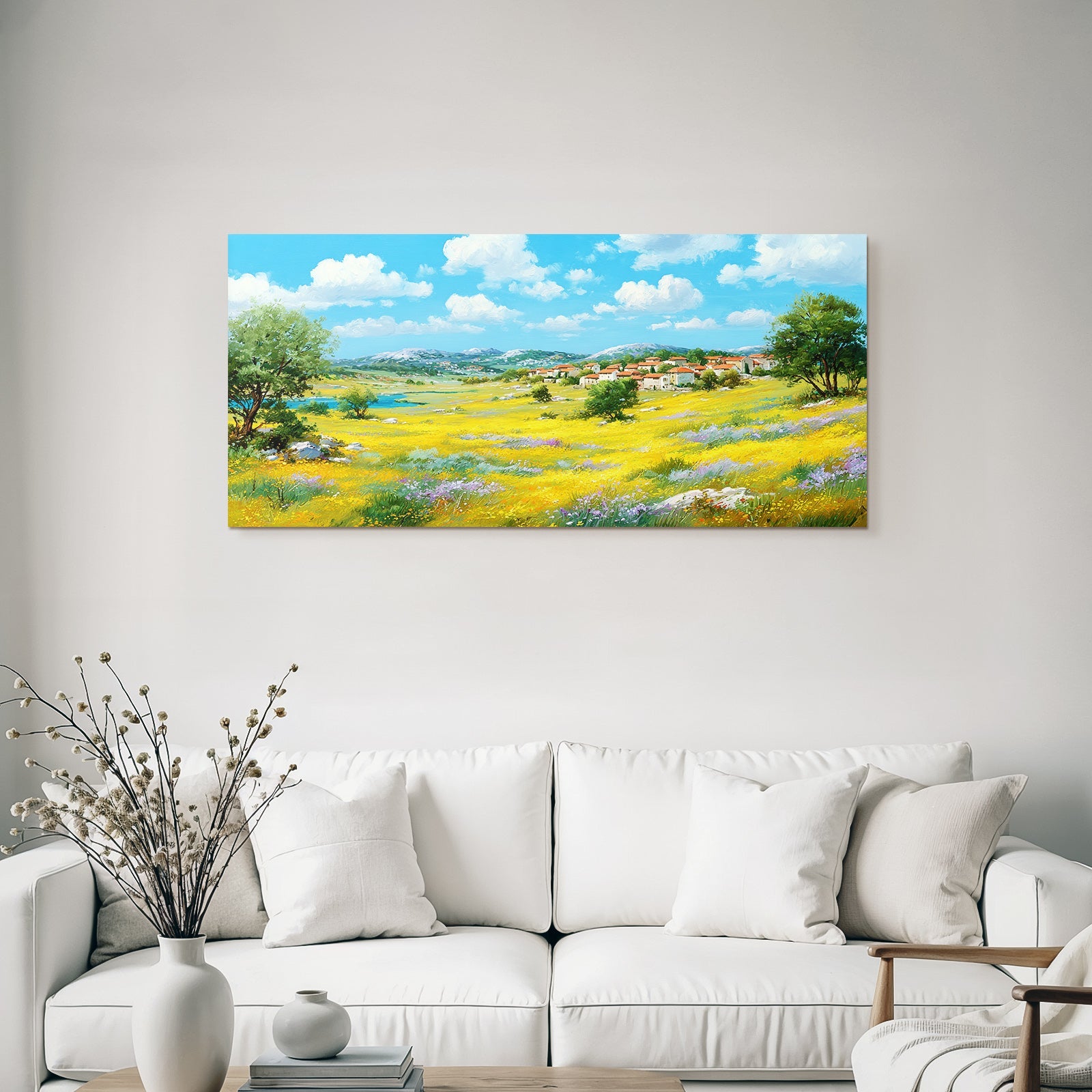 Lebendige Landschaft Wiese Mit Wildblumen Dorf Himmel Wasser