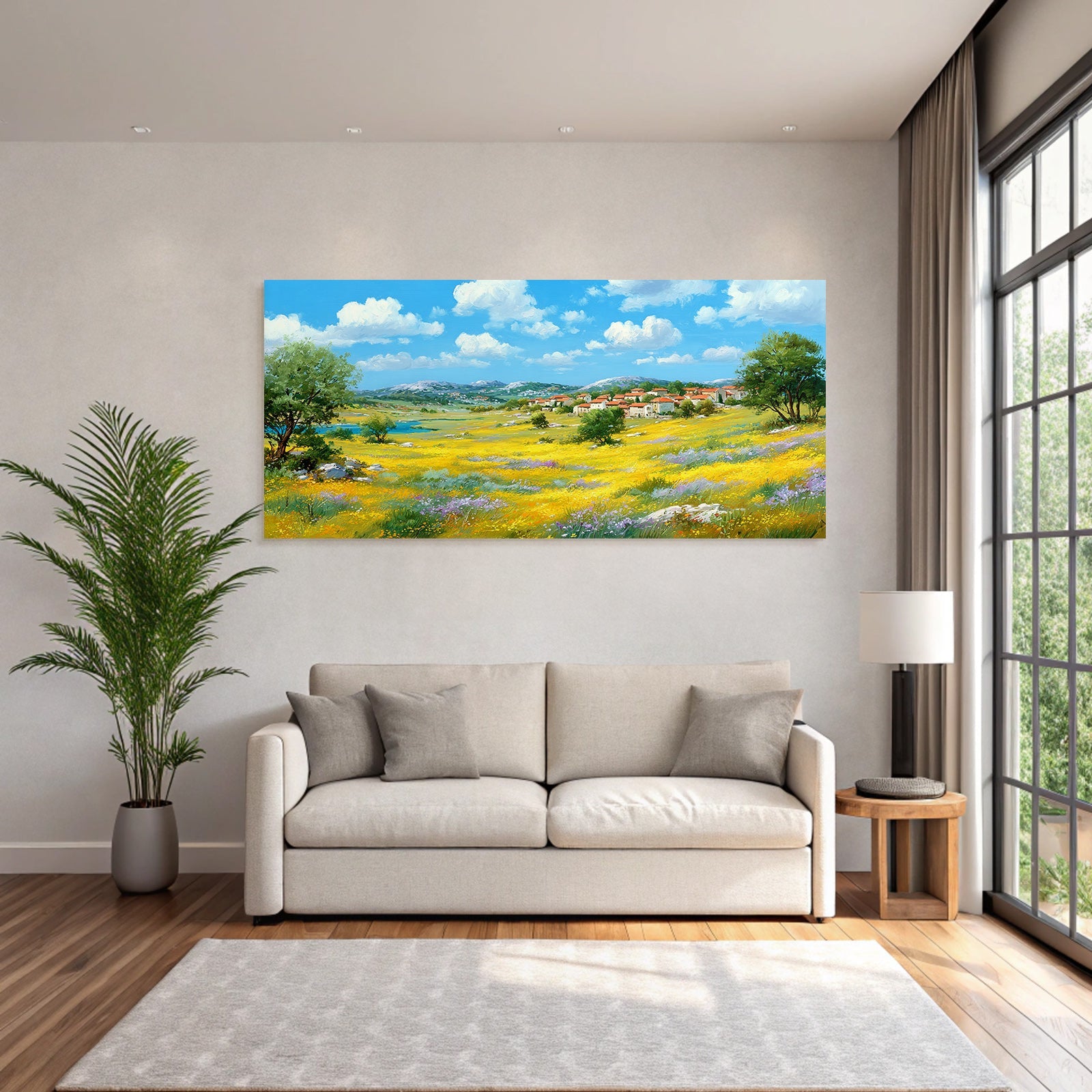 Lebendige Landschaft Wiese Mit Wildblumen Dorf Himmel Wasser