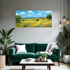 Lebendige Landschaft Wiese Mit Wildblumen Dorf Himmel Wasser