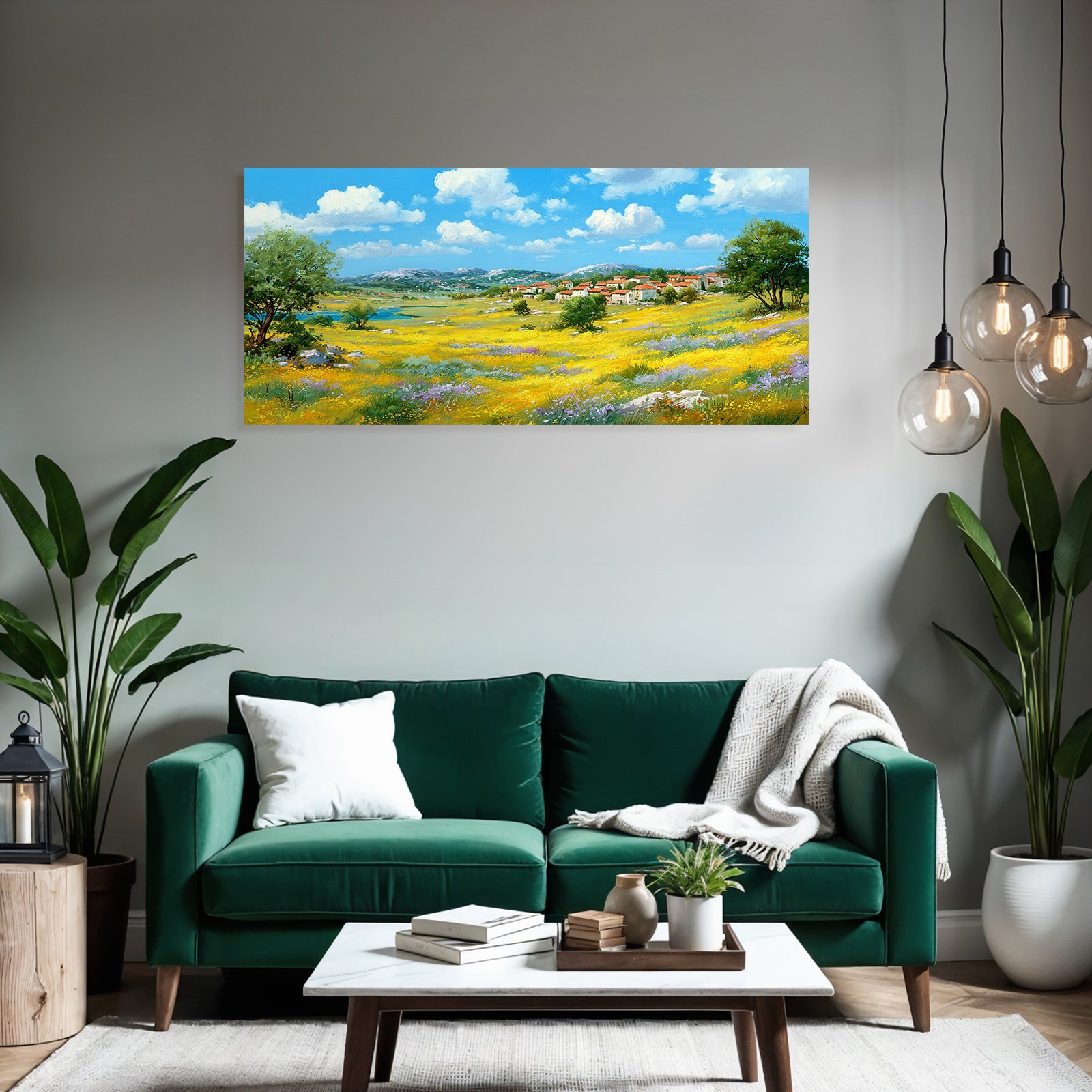 Lebendige Landschaft Wiese Mit Wildblumen Dorf Himmel Wasser