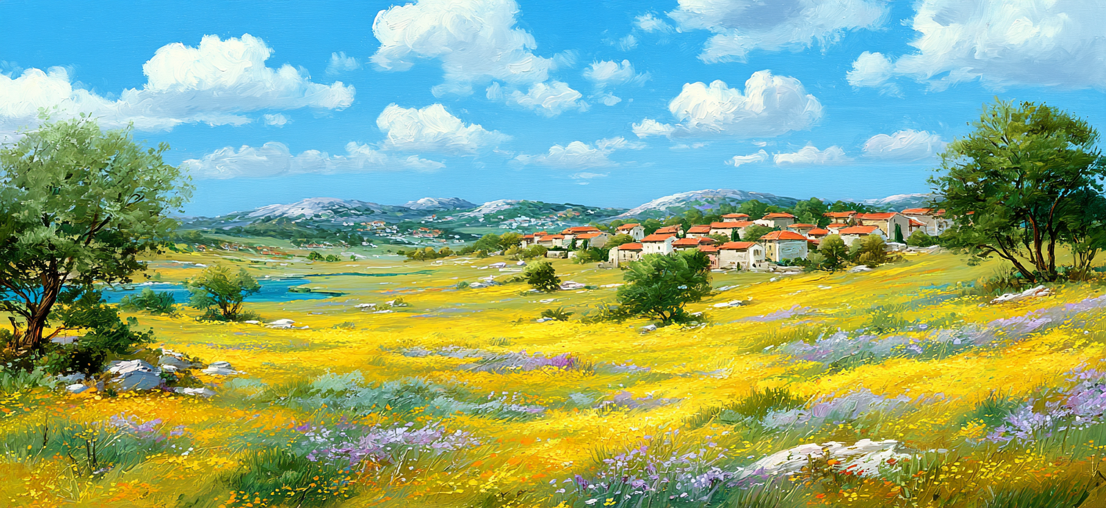 Lebendige Landschaft Wiese Mit Wildblumen Dorf Himmel Wasser | Sommer | Jahreszeiten