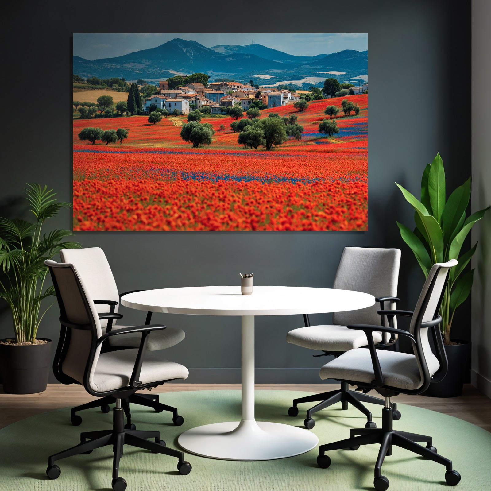 Lebensfrohe Landschaft Mit Blumen Und Dorfbeitrag