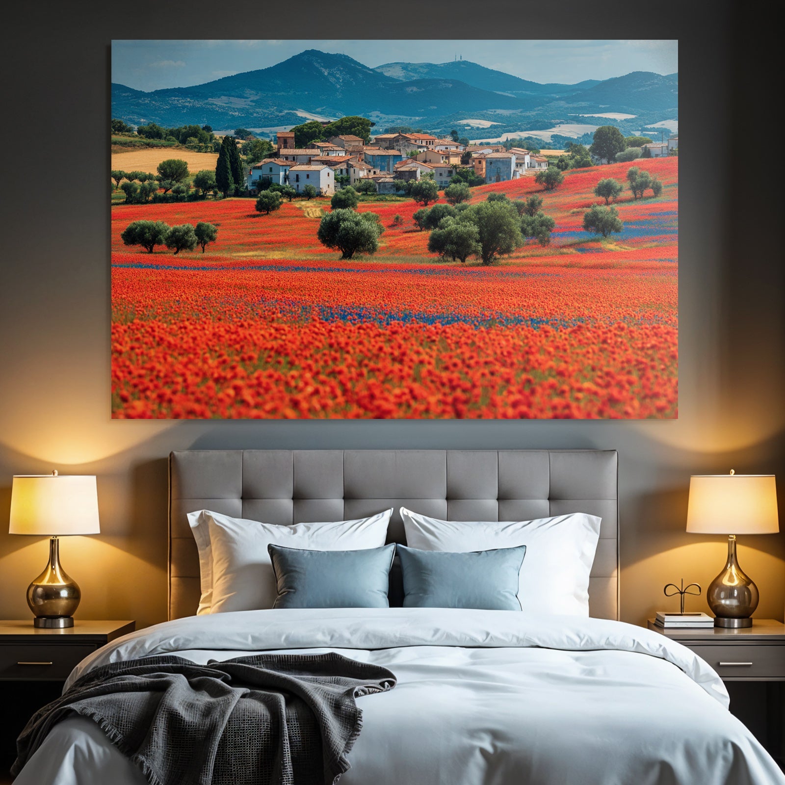 Lebensfrohe Landschaft Mit Blumen Und Dorfbeitrag