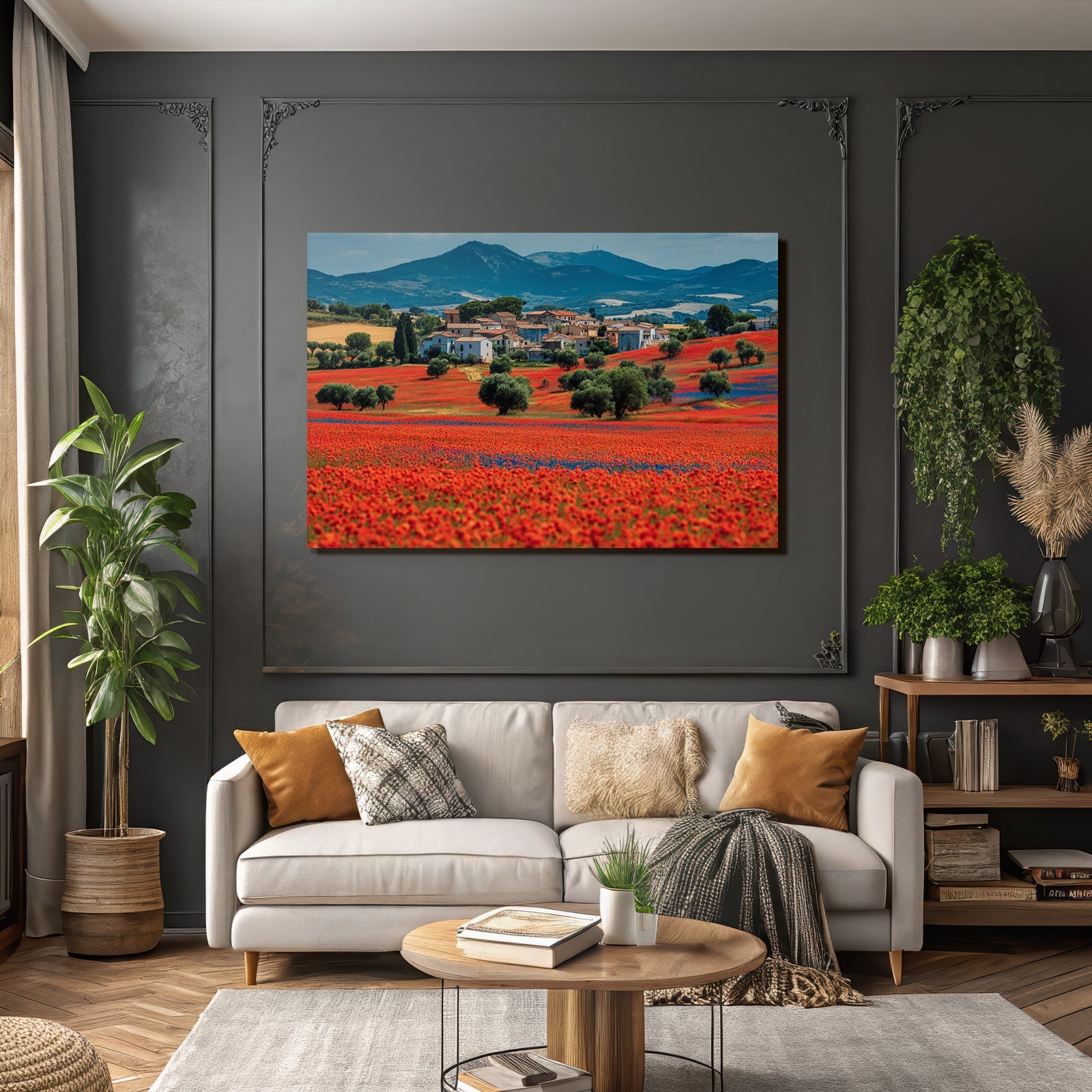 Lebensfrohe Landschaft Mit Blumen Und Dorfbeitrag