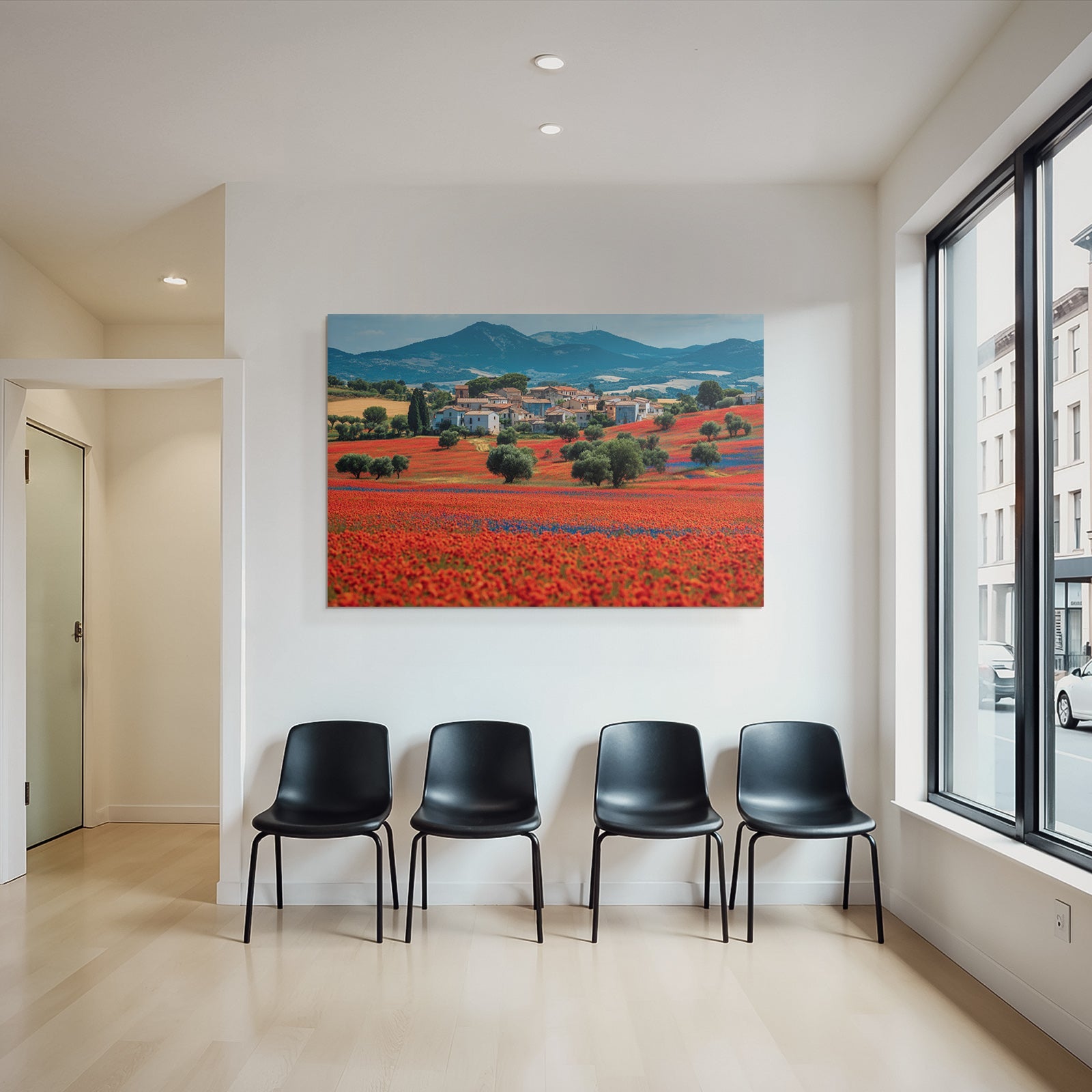 Lebensfrohe Landschaft Mit Blumen Und Dorfbeitrag