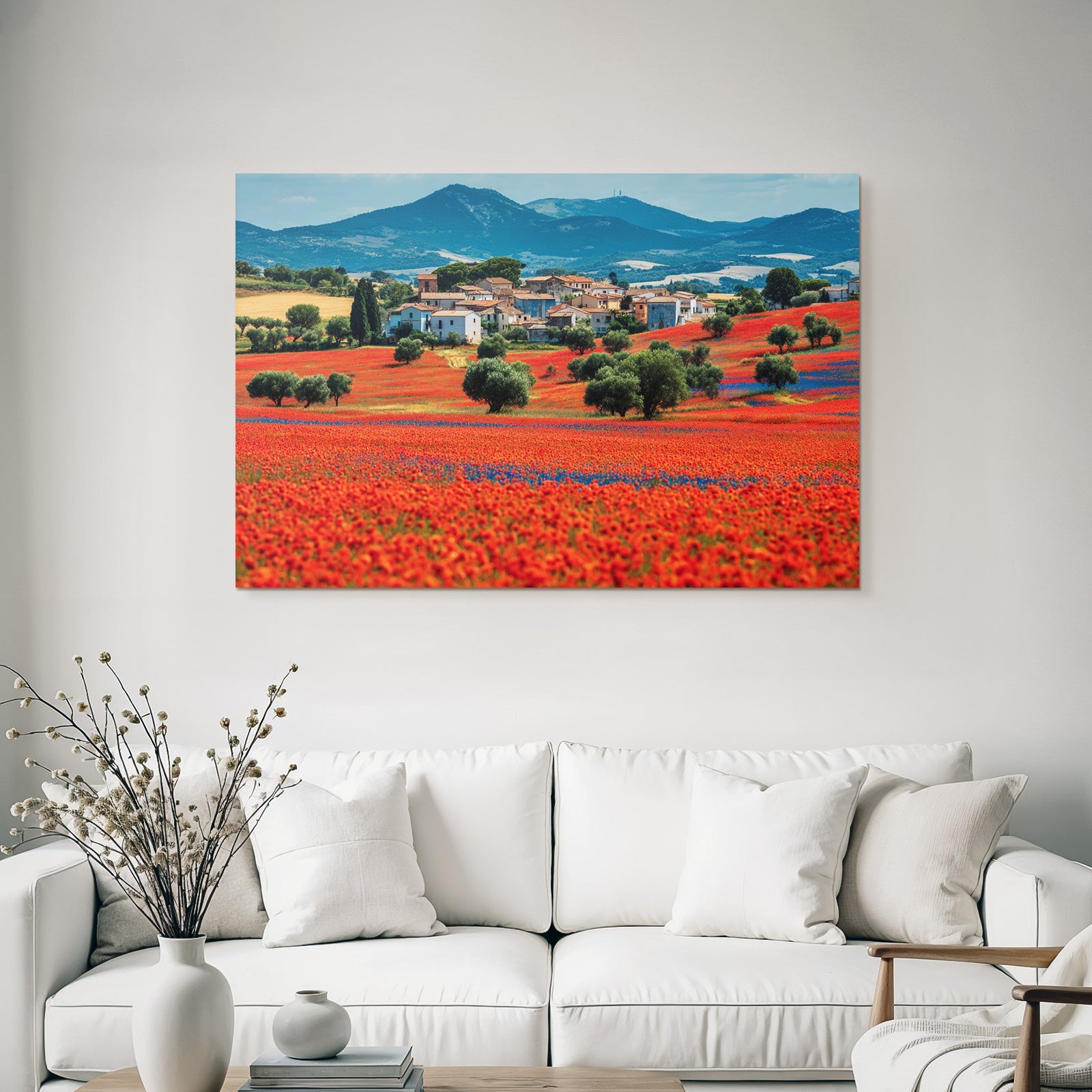 Lebensfrohe Landschaft Mit Blumen Und Dorfbeitrag