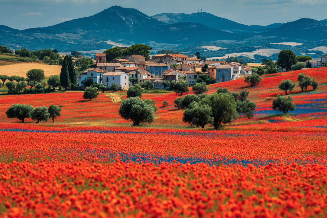 Lebensfrohe Landschaft Mit Blumen Und Dorfbeitrag | Sommer | Jahreszeiten