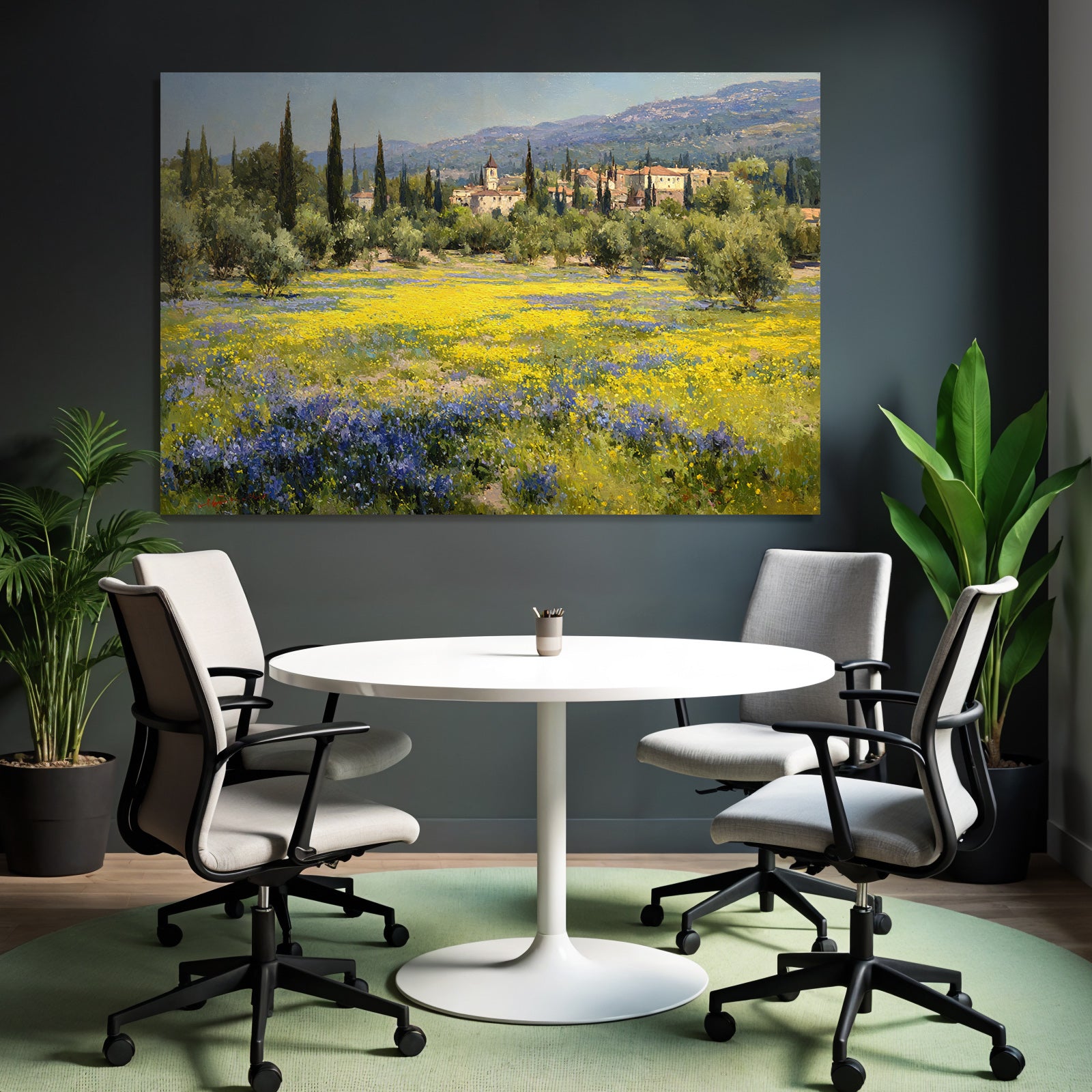 Lebenslandschaft Mit Blumen Hügel Und Dorf