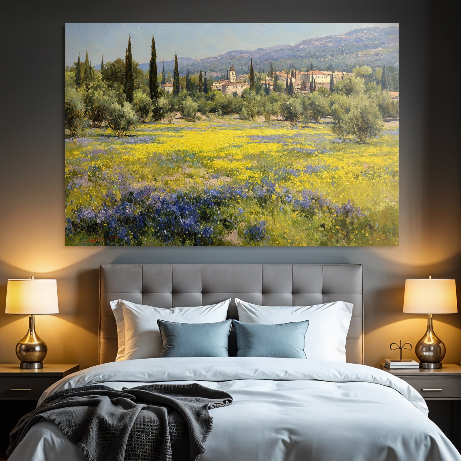 Lebenslandschaft Mit Blumen Hügel Und Dorf