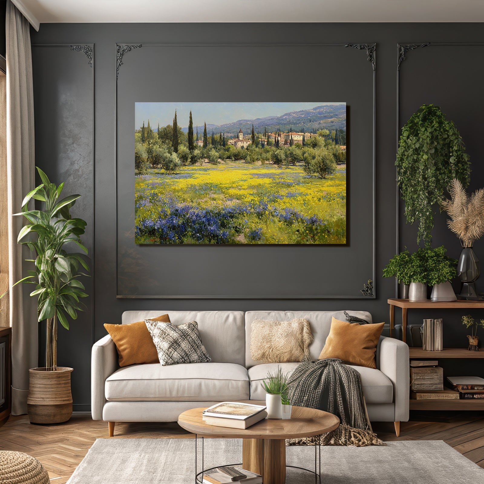 Lebenslandschaft Mit Blumen Hügel Und Dorf
