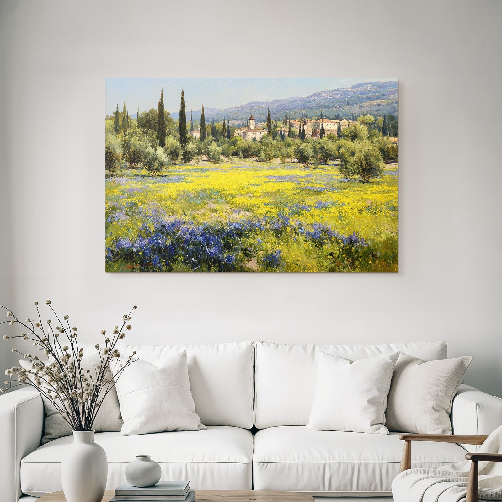 Lebenslandschaft Mit Blumen Hügel Und Dorf