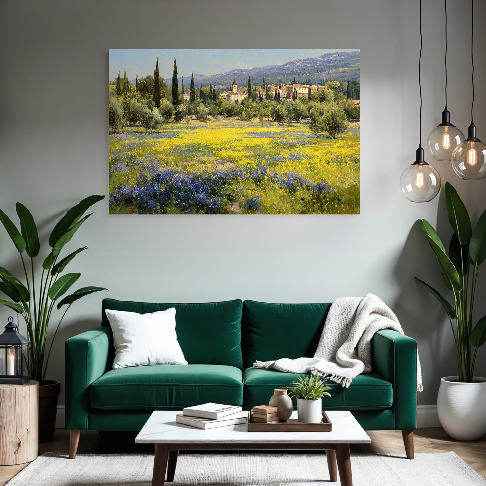 Lebenslandschaft Mit Blumen Hügel Und Dorf