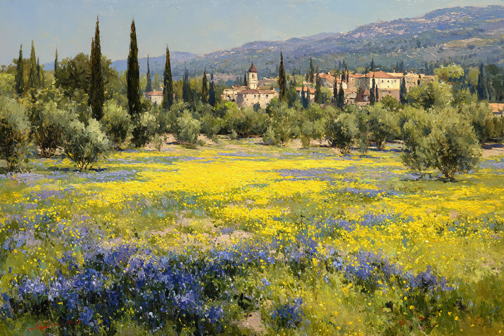 Lebenslandschaft Mit Blumen Hügel Und Dorf | Sommer | Jahreszeiten