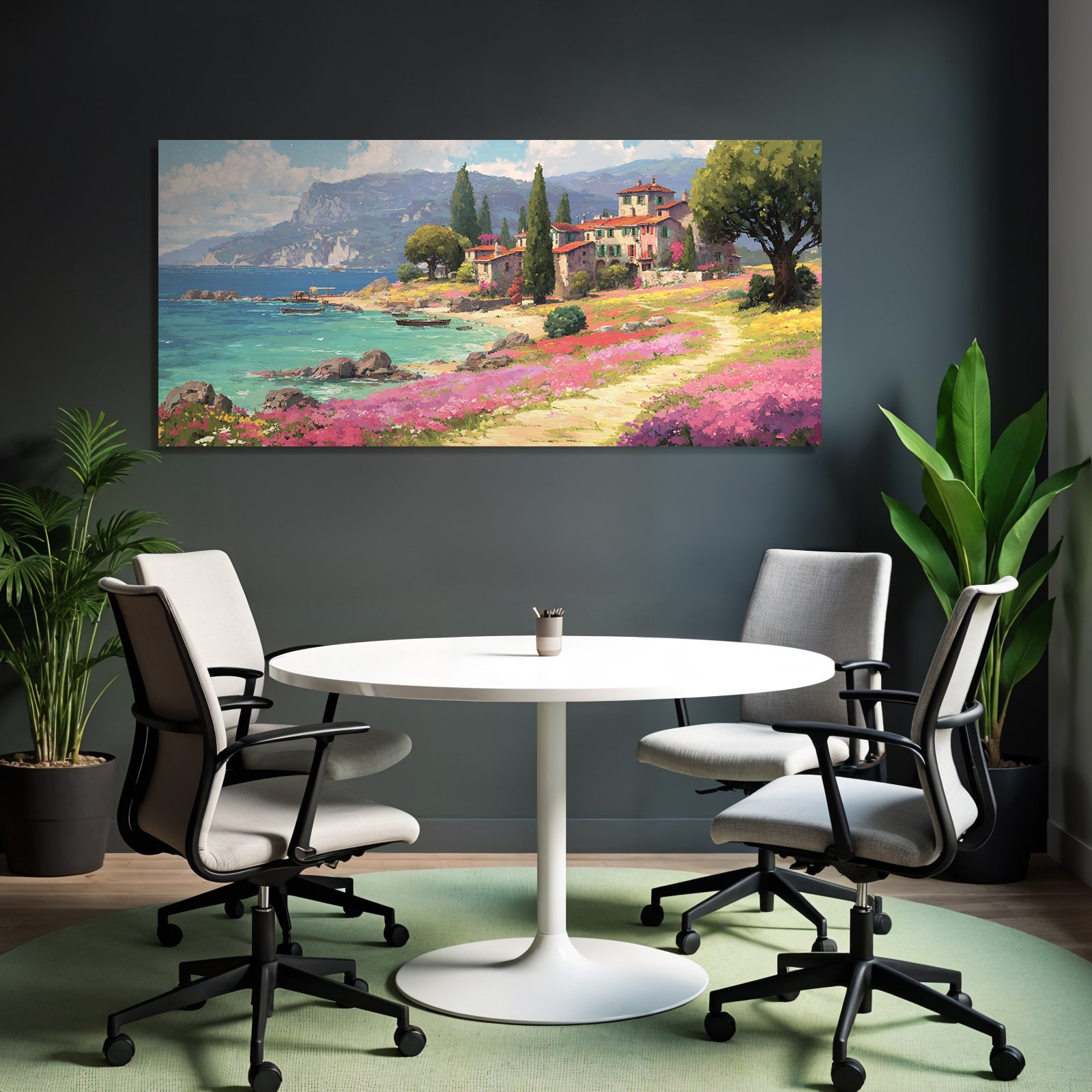 Malerische Küstenlandschaft Mit Blumen Strand Und Boote