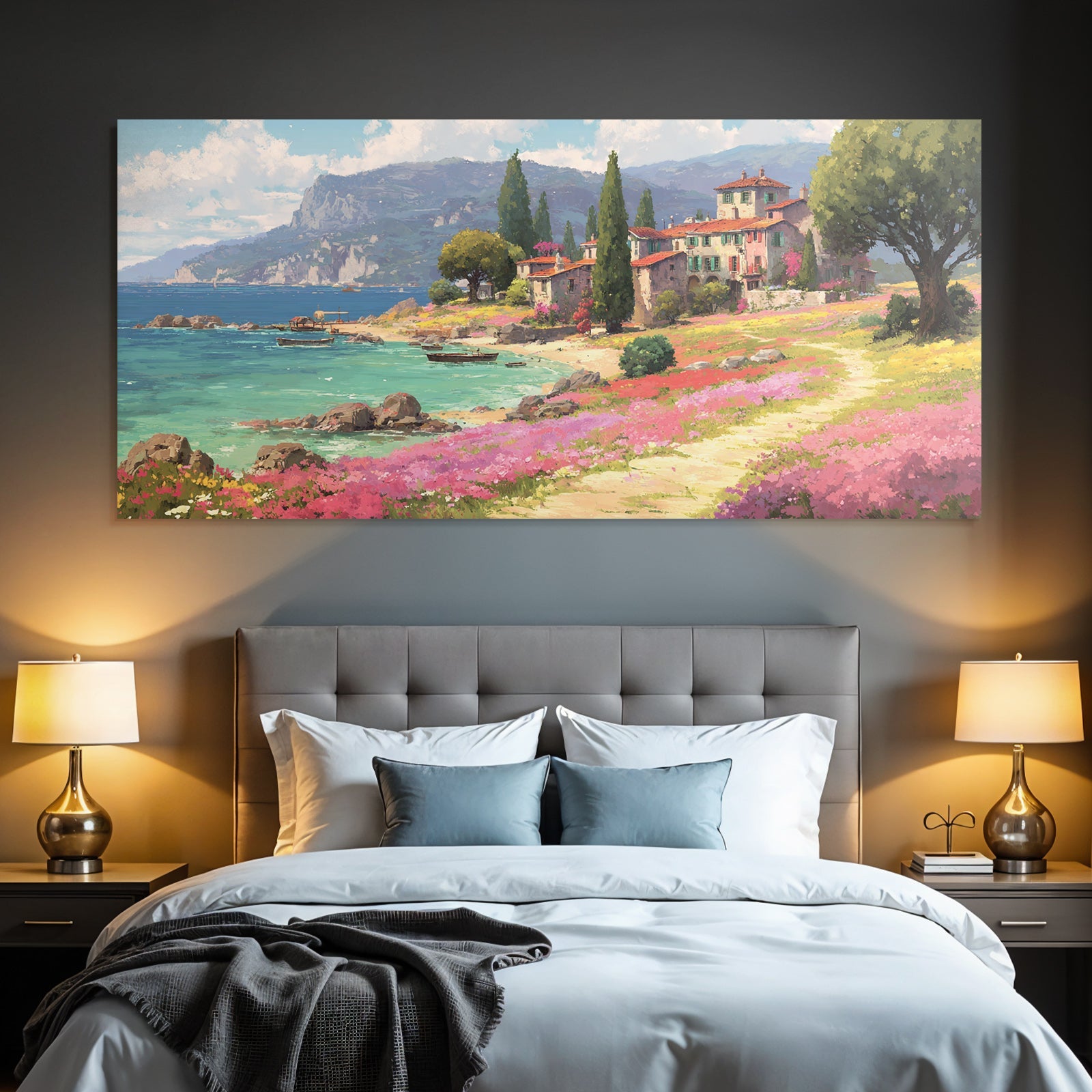Malerische Küstenlandschaft Mit Blumen Strand Und Boote