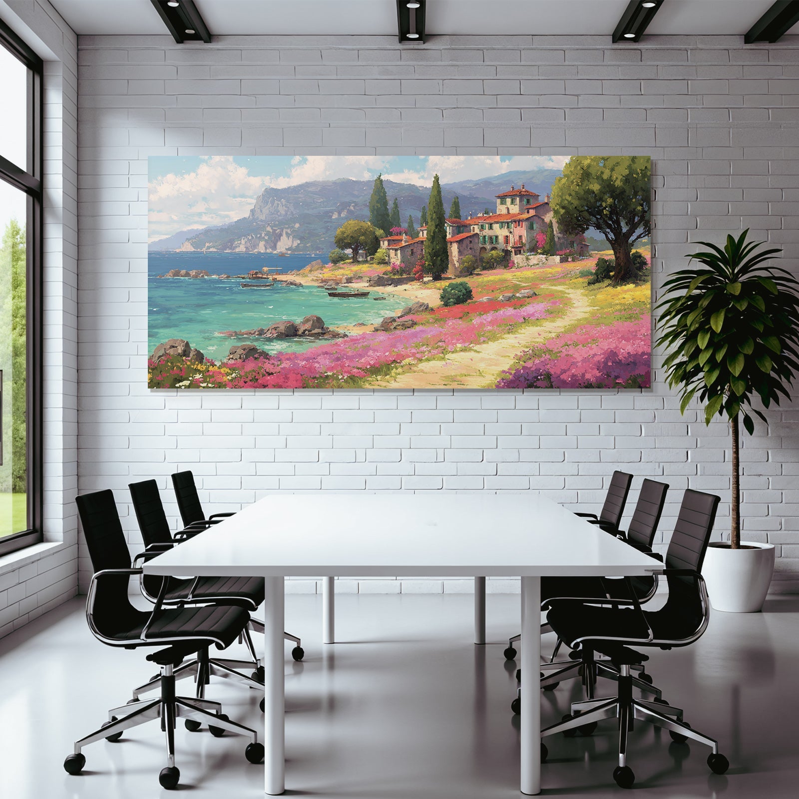 Malerische Küstenlandschaft Mit Blumen Strand Und Boote