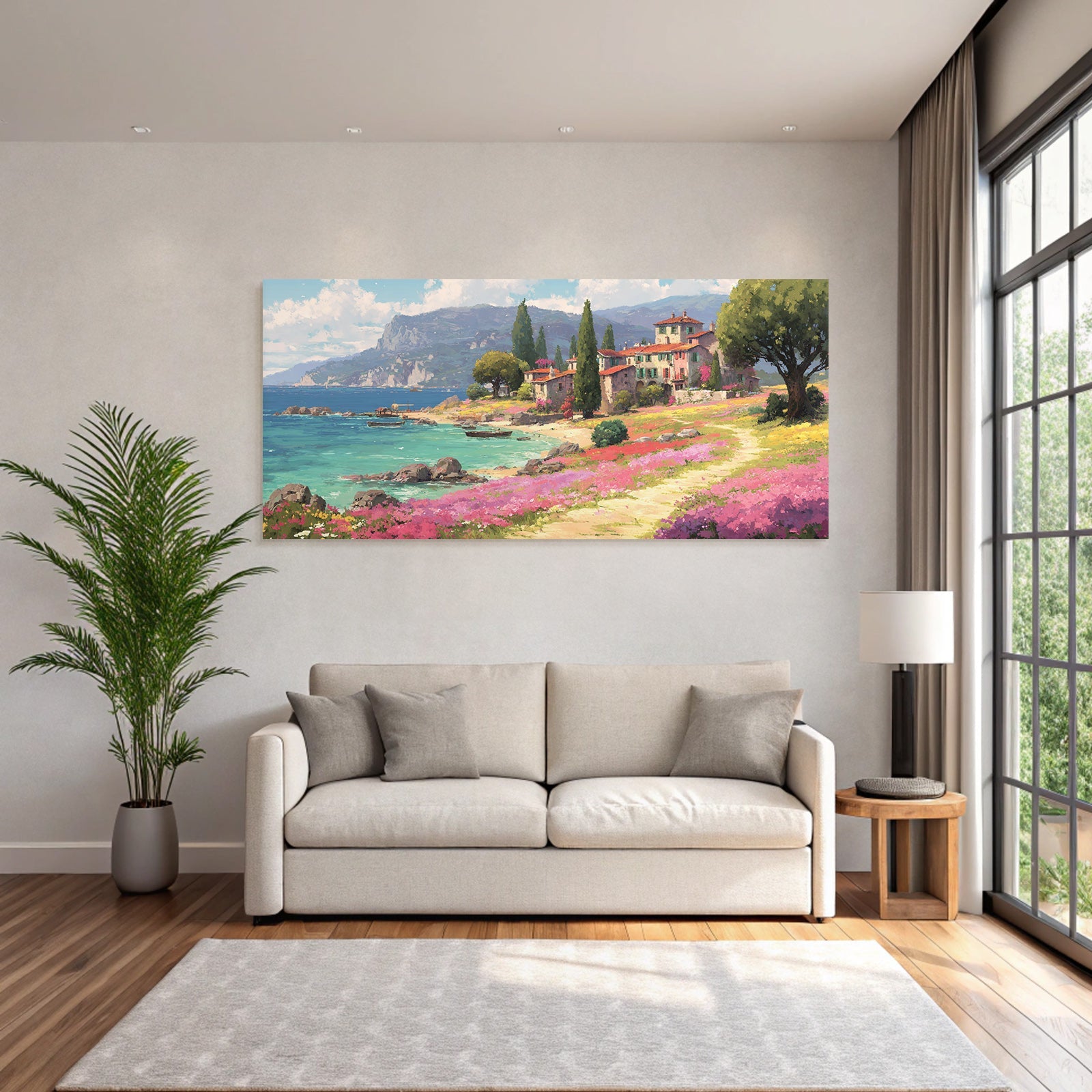 Malerische Küstenlandschaft Mit Blumen Strand Und Boote