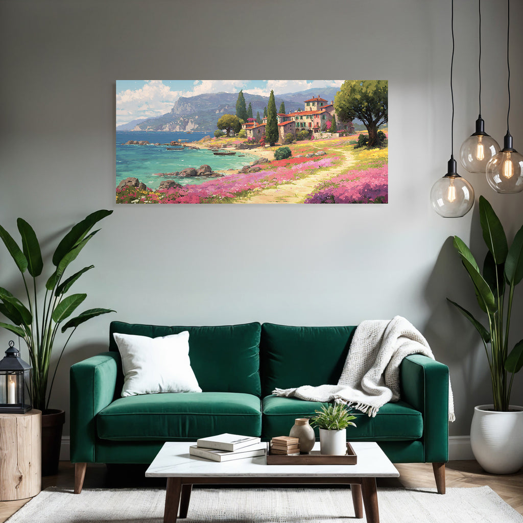 Malerische Küstenlandschaft Mit Blumen Strand Und Boote