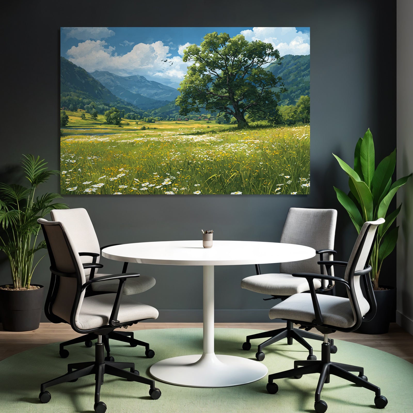 Malerische Landschaft Rolling Hills Blaür Himmel Wildblumen Berge Baum Wiese