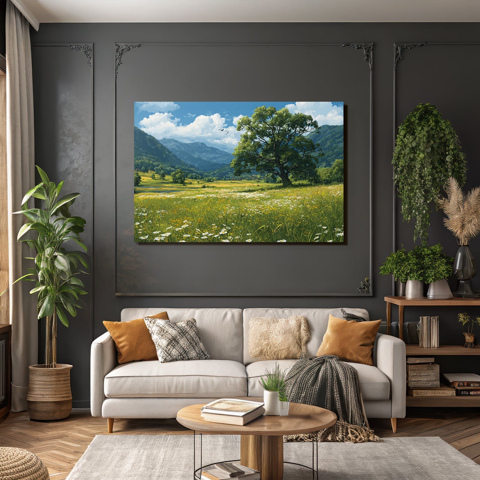 Malerische Landschaft Rolling Hills Blaür Himmel Wildblumen Berge Baum Wiese