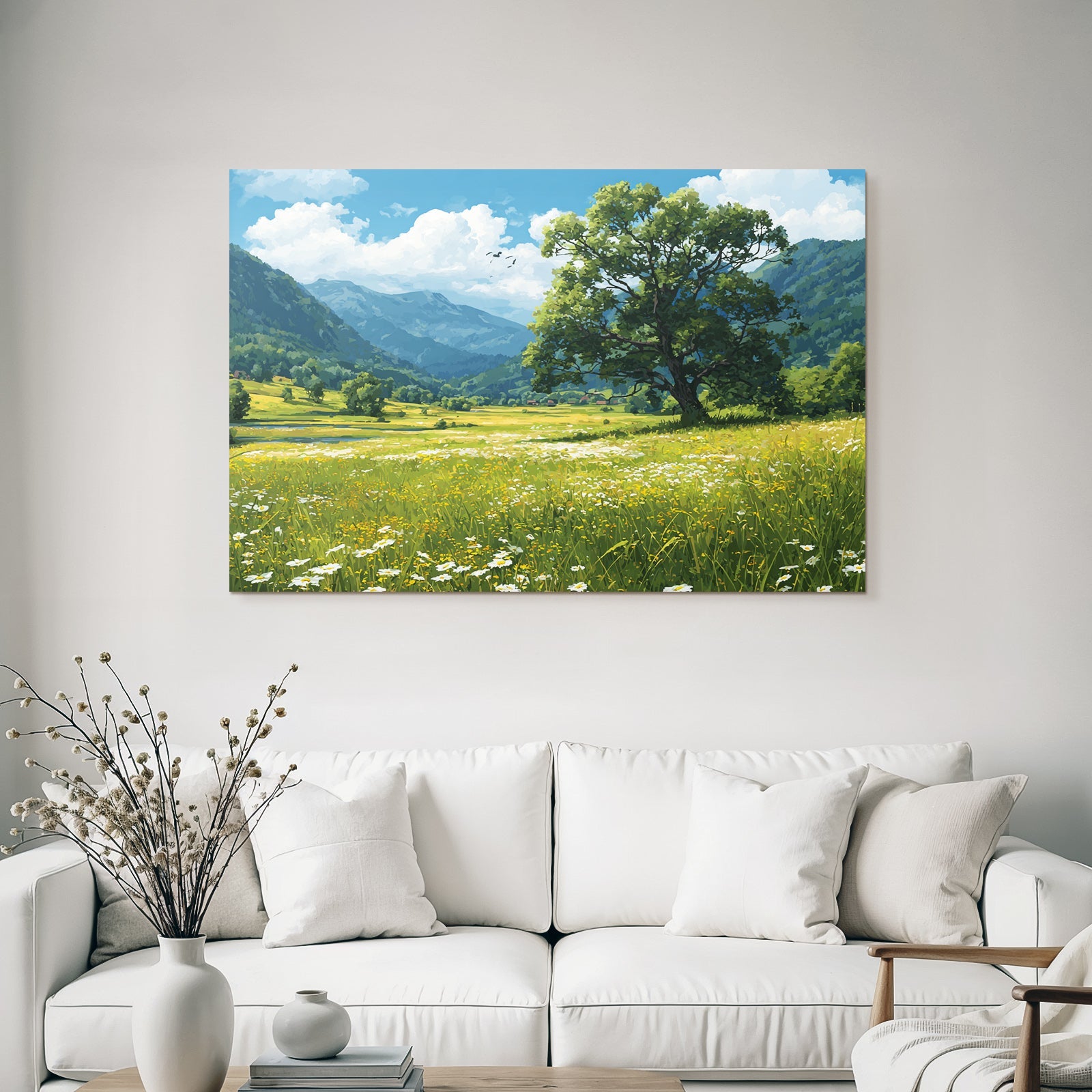 Malerische Landschaft Rolling Hills Blaür Himmel Wildblumen Berge Baum Wiese