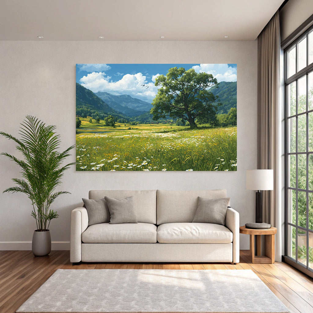 Malerische Landschaft Rolling Hills Blaür Himmel Wildblumen Berge Baum Wiese