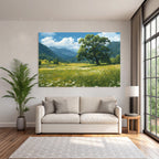 Malerische Landschaft Rolling Hills Blaür Himmel Wildblumen Berge Baum Wiese