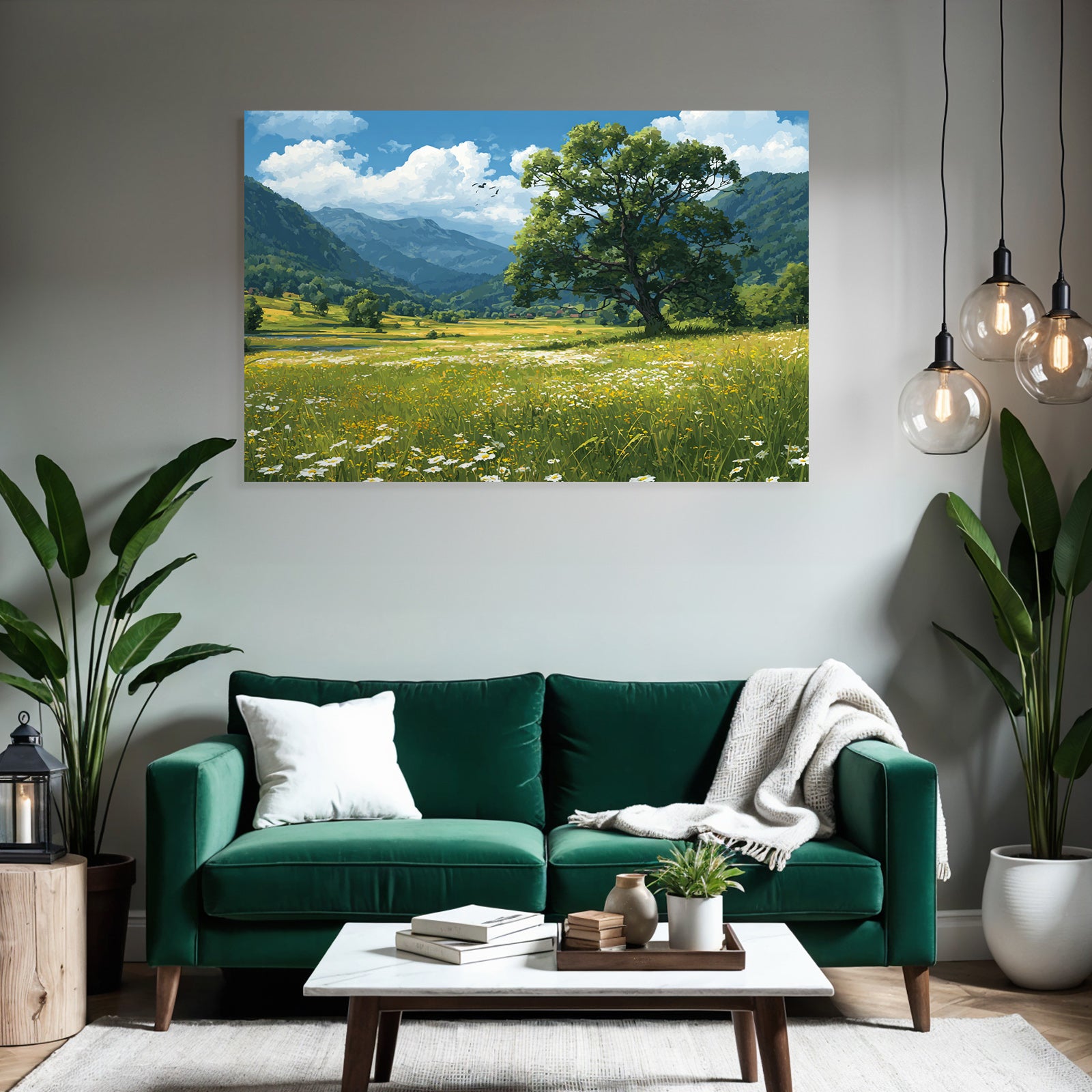 Malerische Landschaft Rolling Hills Blaür Himmel Wildblumen Berge Baum Wiese