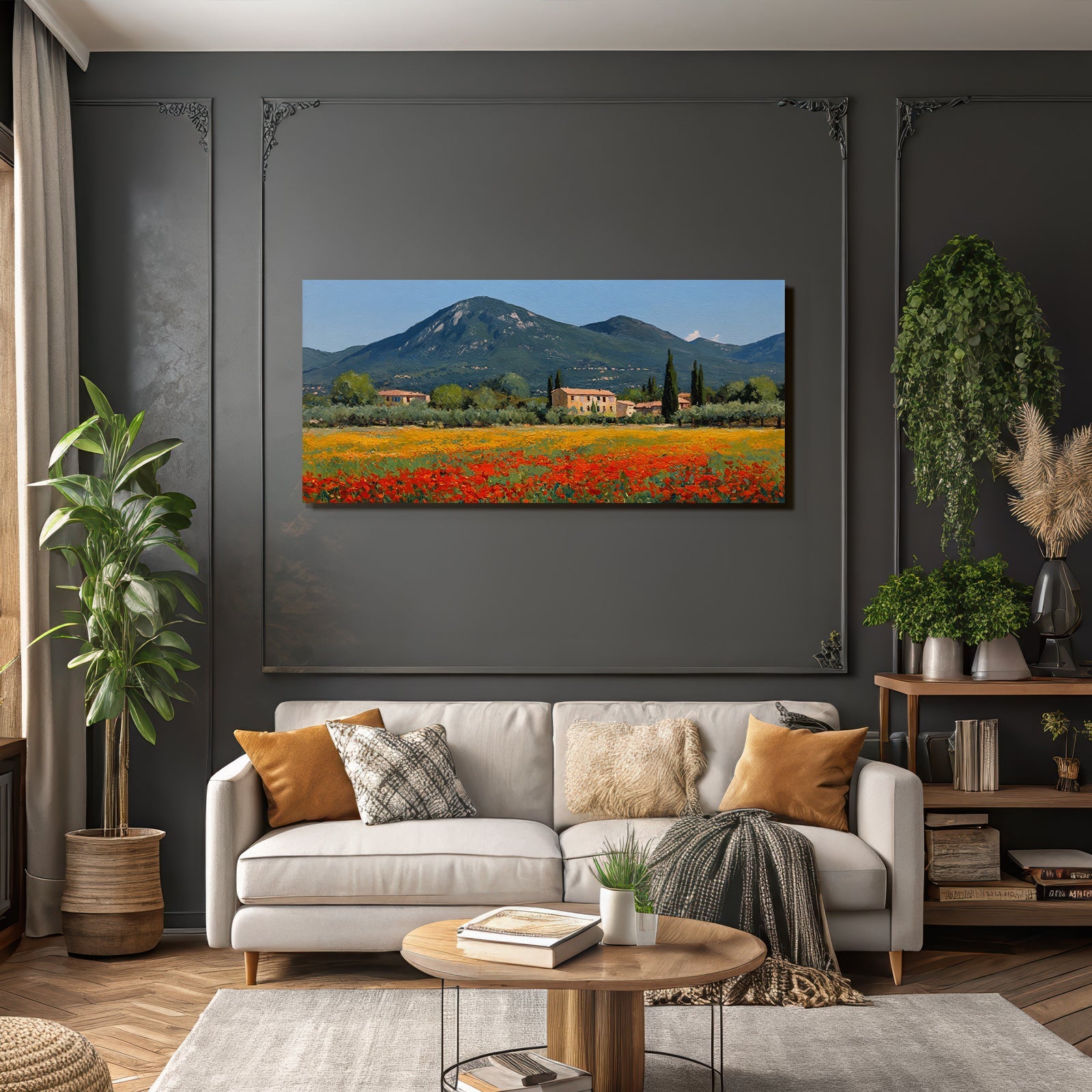 Pitoreske Landschaft Rural Szene Hügel Und Berge Mit Blumen Und Häusern