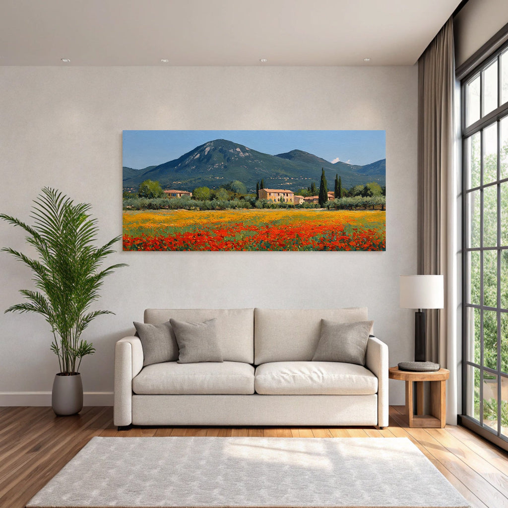Pitoreske Landschaft Rural Szene Hügel Und Berge Mit Blumen Und Häusern