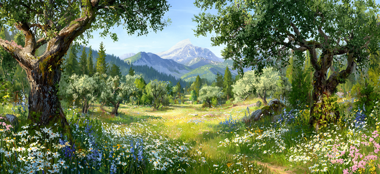 Schöne Natur Landschaft Mit Blühenden Blumen Und Bergen | Sommer | Jahreszeiten