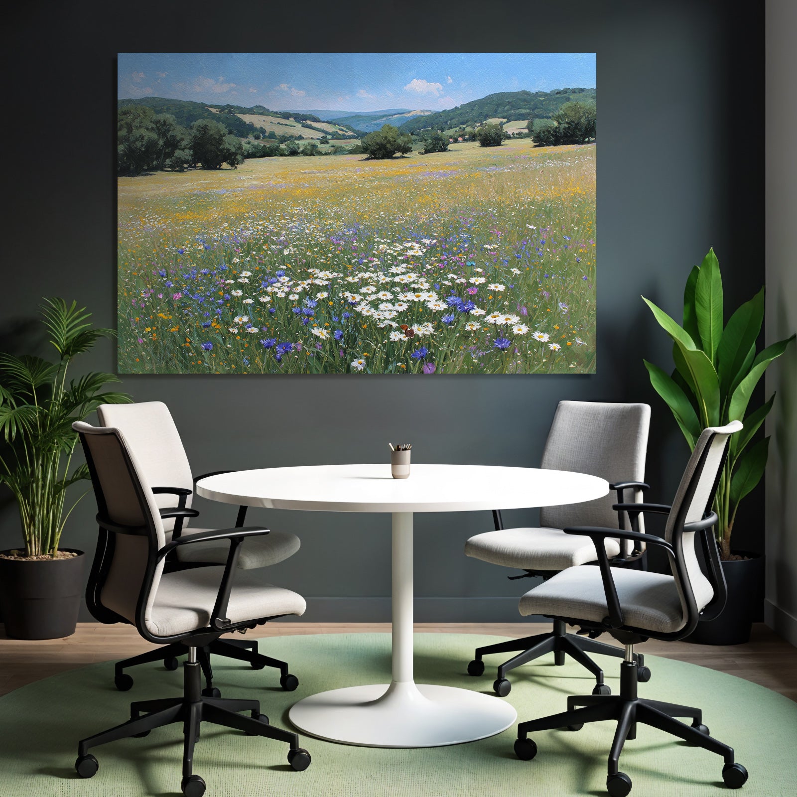 Szenische Landschaft Viele Bunte Wildblumen Hügel Blaür Himmel