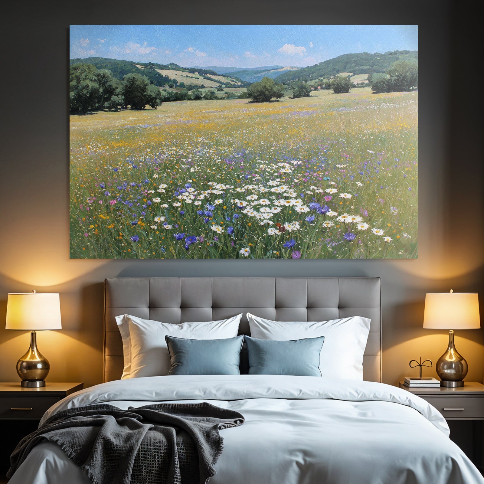 Szenische Landschaft Viele Bunte Wildblumen Hügel Blaür Himmel