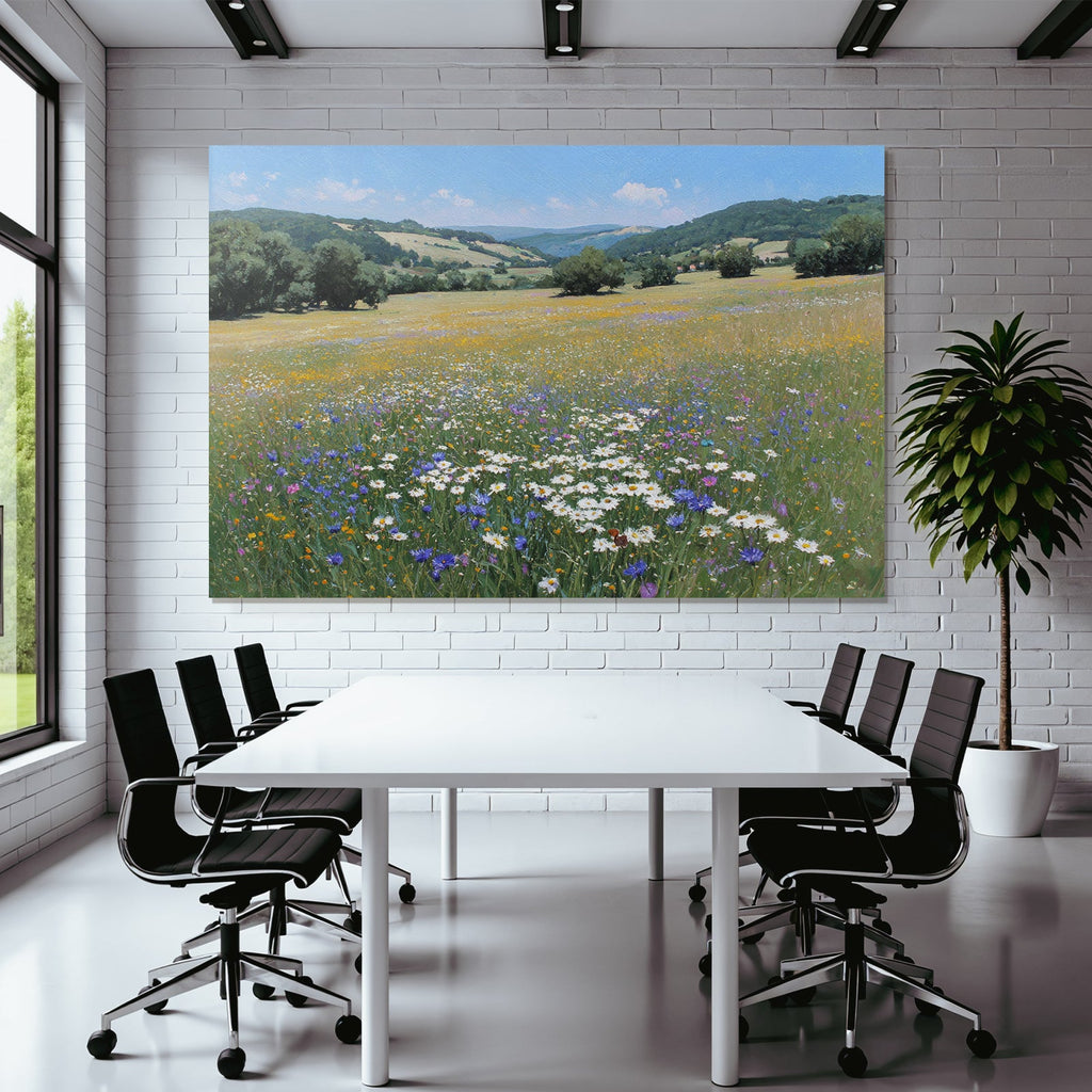 Szenische Landschaft Viele Bunte Wildblumen Hügel Blaür Himmel