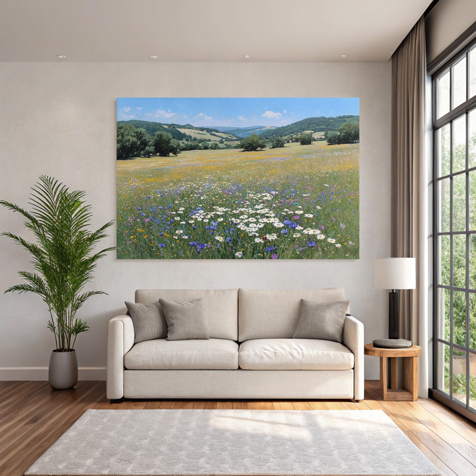 Szenische Landschaft Viele Bunte Wildblumen Hügel Blaür Himmel