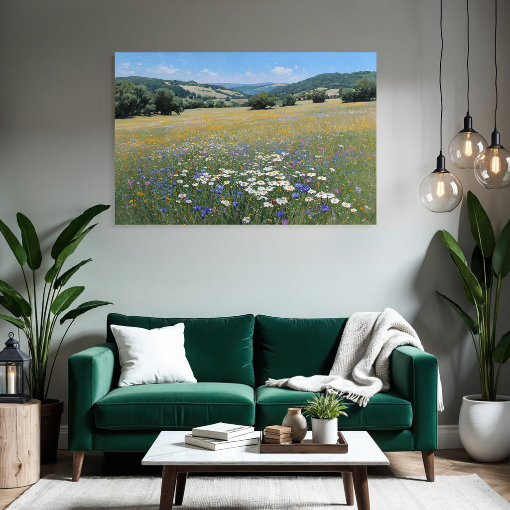Szenische Landschaft Viele Bunte Wildblumen Hügel Blaür Himmel