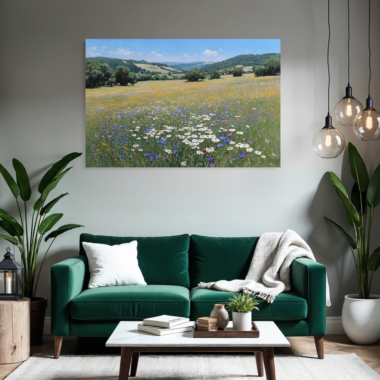 Szenische Landschaft Viele Bunte Wildblumen Hügel Blaür Himmel
